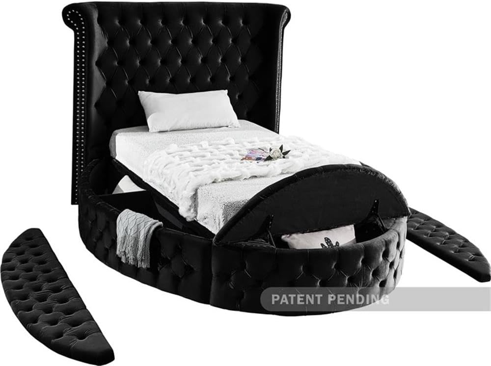Meridian Furniture Luxus Collection Modern | Contemporary Round Shaped Velvet Upholstered Bed with Deep Button Tufting and Footboard Storage, Twin, Black