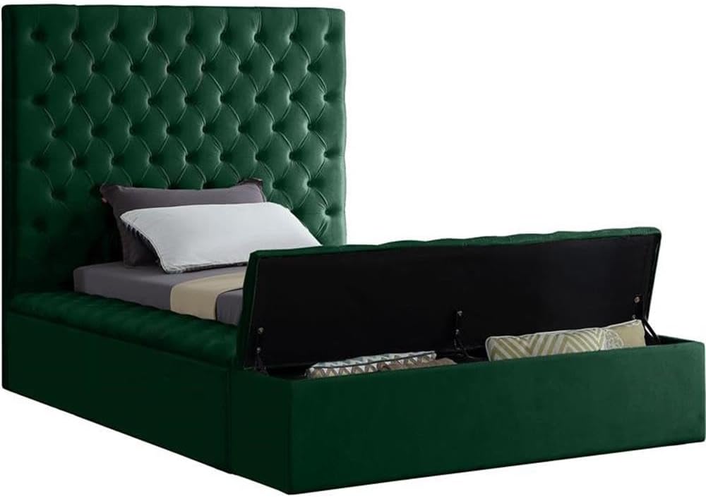 Meridian Furniture Bliss Collection Modern | Contemporary Velvet Upholstered Bed with Deep Button Tufting and Storage Compartments in Rails and Footboard, Green, Twin