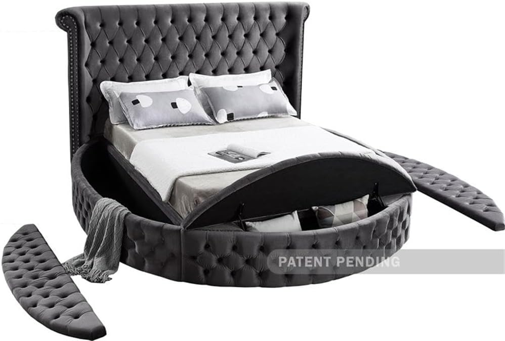 Meridian Furniture Luxus Collection Modern Contemporary Round Shaped Velvet Upholstered Bed with Deep Button Tufting and Footboard Storage, King, Grey