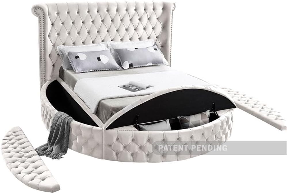 Meridian Furniture Luxus Collection Modern | Contemporary Round Shaped Velvet Upholstered Bed with Deep Button Tufting and Footboard Storage, King, Cream