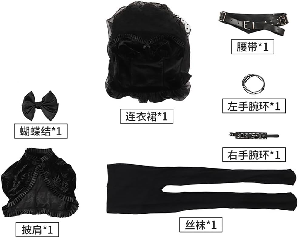 Women Lisa Frankenstein Cosplay Dress Belt Cape Black Dress Gothic Uniform with Shoes for Halloween Cosplay