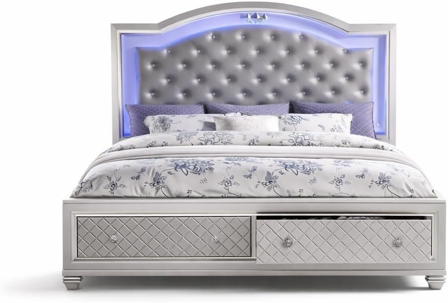 First of a Kind Shiney Contemporary 5 Piece Queen Bedroom Set High Gloss Silver Finish with Upholstered Headboard, Sleek Modern Bedroom Furniture Set for Coordinated Interiors