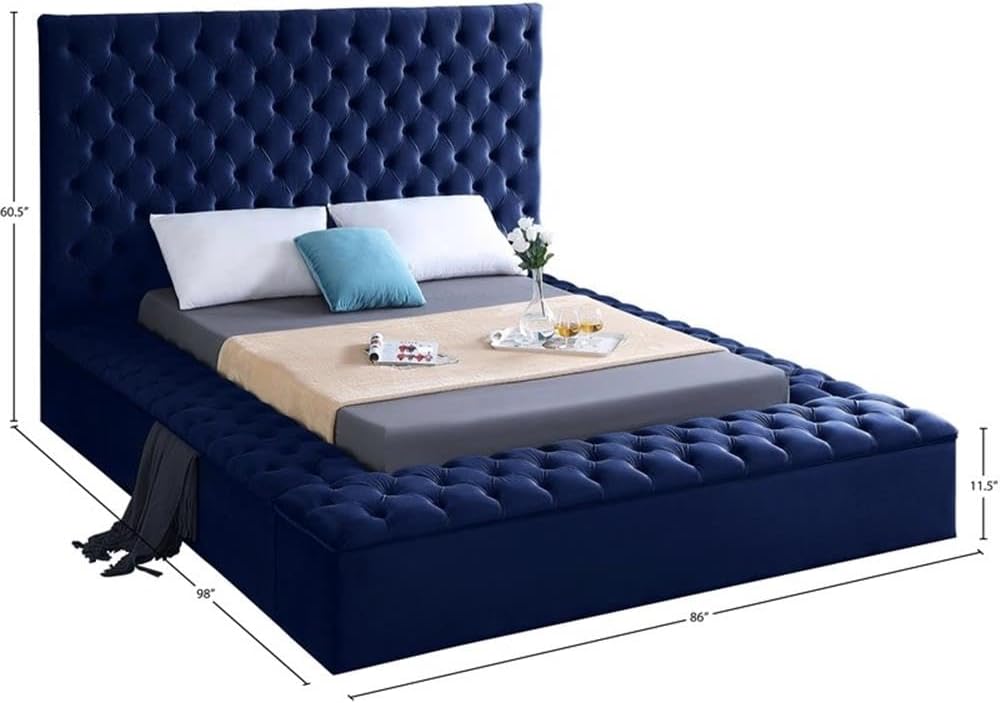 Meridian Furniture Bliss Collection Modern | Contemporary Velvet Upholstered Bed with Deep Button Tufting and Storage Compartments in Rails and Footboard, Queen, Navy