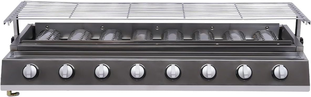 8 Burners Gas BBQ Gril Commercial Gas Griddle Indoor/Outdoor Smokeless Grill Stove, Adjustable Height, Portable Tabletop Grill Cooktop w/Steel Cover & Oil Catch Tray, 40.94 * 15.7 * 7.9in