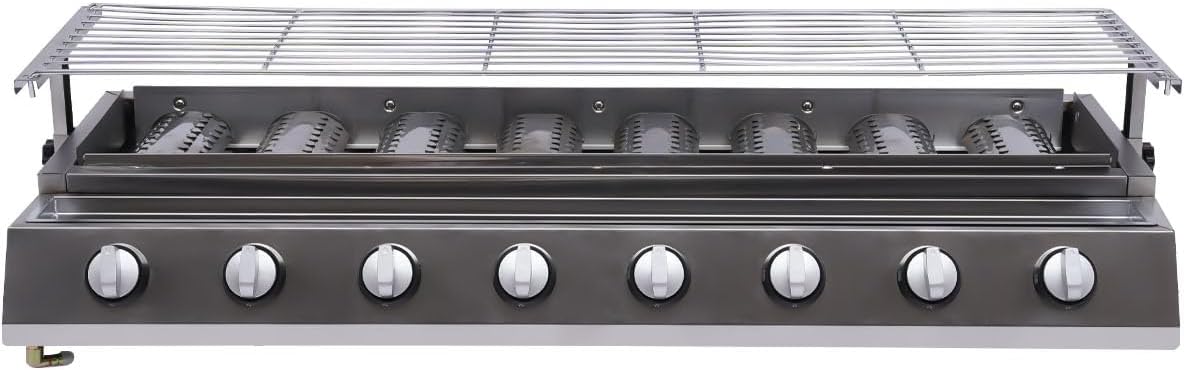 8 Burners Gas BBQ Gril Commercial Gas Griddle Indoor/Outdoor Smokeless Grill Stove, Adjustable Height, Portable Tabletop Grill Cooktop w/Steel Cover & Oil Catch Tray, 40.94 * 15.7 * 7.9in