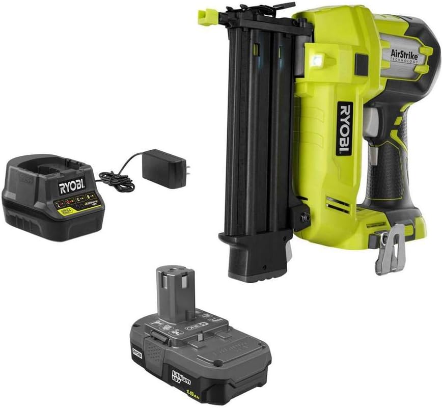 RYOBI P1854 18-Volt ONE+ Lithium-Ion Cordless AirStrike 18-Gauge Brad Nailer with (1) 1.5 Ah Battery and (1) 18-Volt Charger
