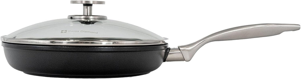 Swiss Diamond Nonstick Frying Pan Hybrid Ceramic and Diamond-Infused Fry Pan With Glass Lid, Dou Ceramic, Dishwasher and Oven Safe Fry Pans (9.5 IN)