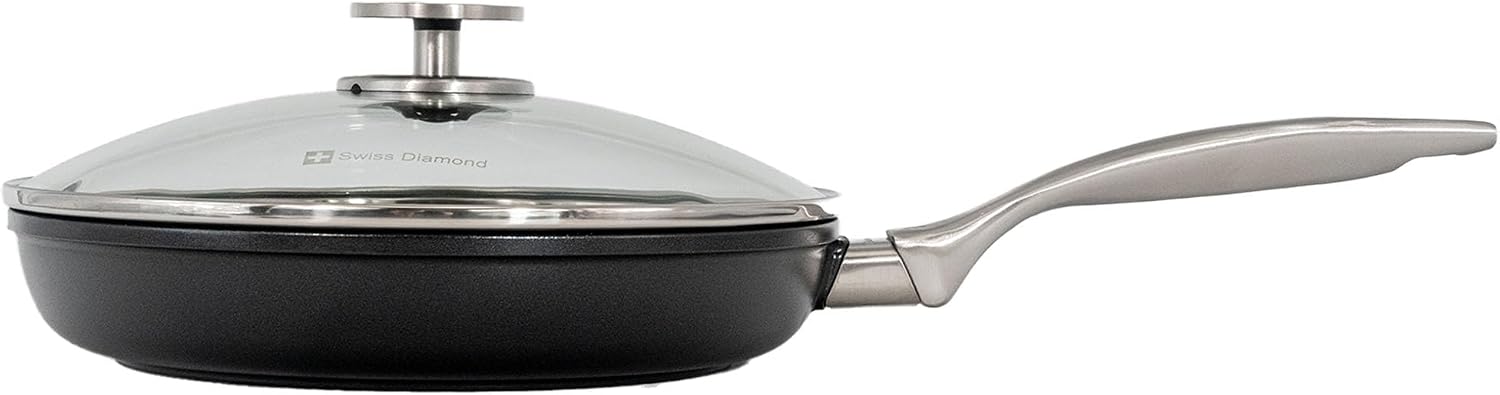 Swiss Diamond Nonstick Frying Pan Hybrid Ceramic and Diamond-Infused Fry Pan With Glass Lid, Dou Ceramic, Dishwasher and Oven Safe Fry Pans (9.5 IN)