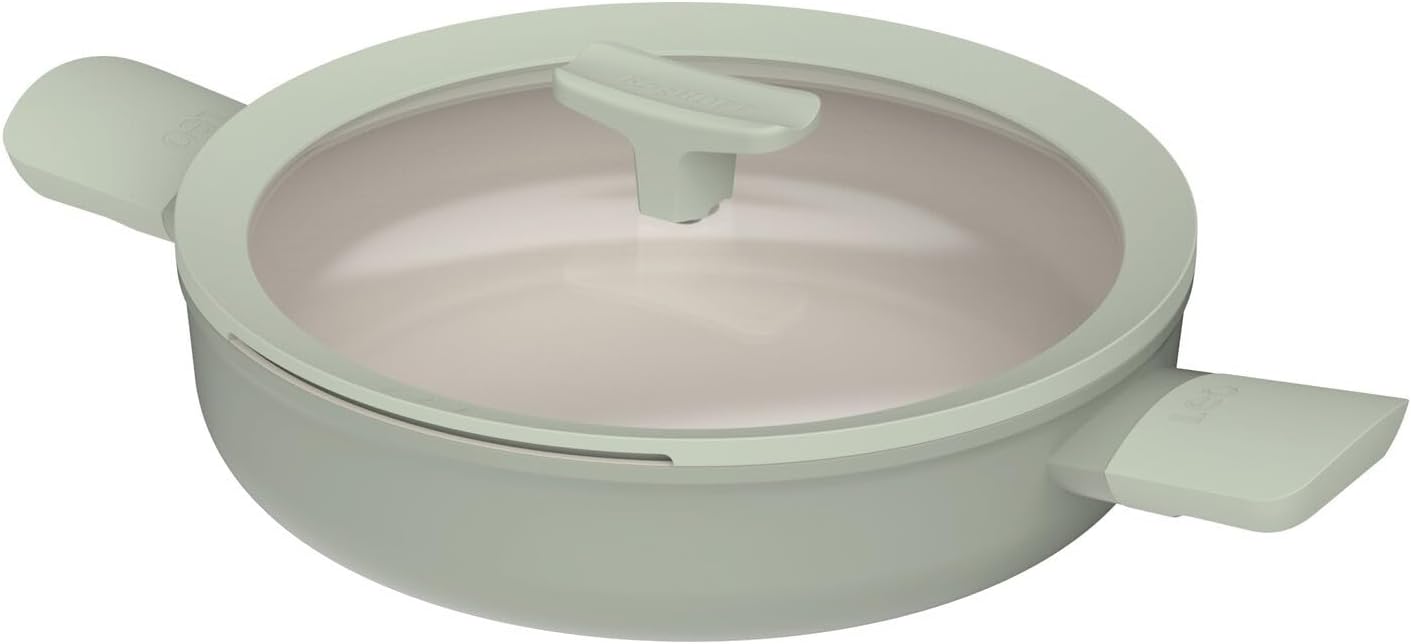 Berghoff Balance Non-stick Ceramic Sauté Pan 10.25', 3.1qt. with Multifunctional Glass Lid, Recycled Aluminum, CeraGreen Non-toxic Coating, Stay-cool Handle, Induction Pan, Sage
