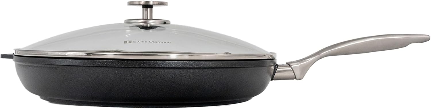 Swiss Diamond Nonstick Frying Pan Hybrid Ceramic and Diamond-Infused Fry Pan With Glass Lid, Dishwasher and Oven Safe Fry Pans (12.5 IN)