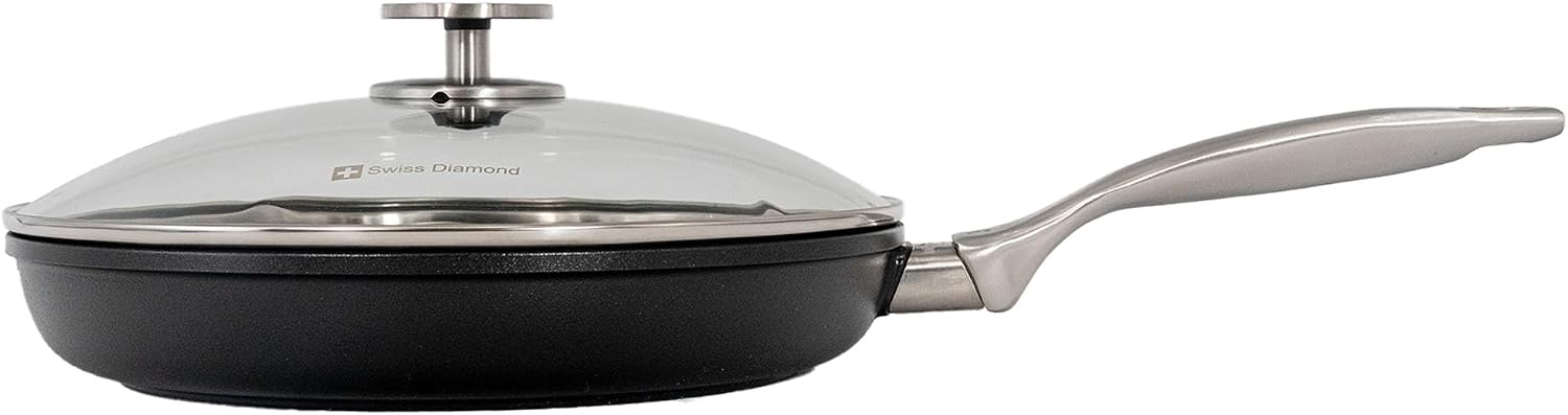 Swiss Diamond Nonstick Frying Pan Hybrid Ceramic and Diamond-Infused Fry Pan With Glass Lid, Dou Ceramic, Dishwasher and Oven Safe Fry Pans (10.25 IN)