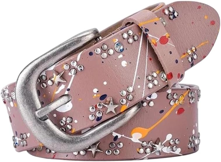 Women Genuine Leather Belt Colorful Rivet Vintage Style For Jeans Streetwear