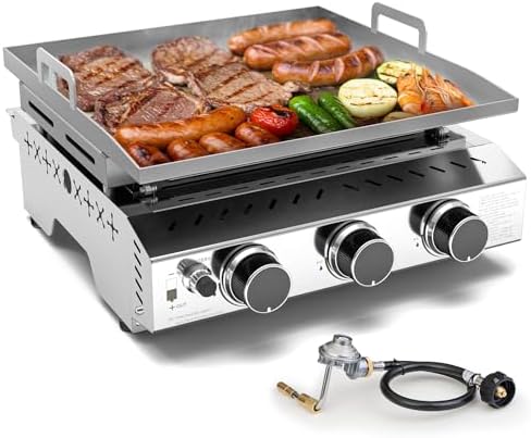 8000BTU Portable Propane Griddle - Stainless Steel Tabletop Gas Grill with Single Burner for Outdoor Cooking, Tailgating, Camping, RVs, BBQ, Patio - Durable & Versatile Silver Grill