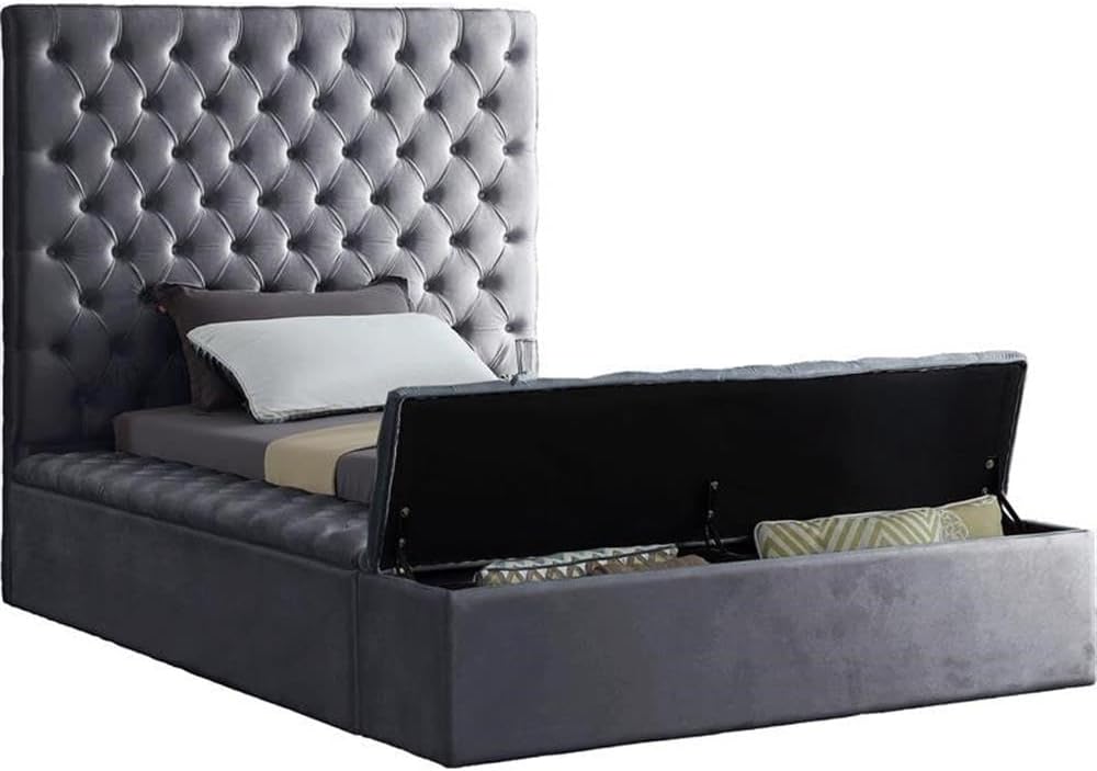 Meridian Furniture Bliss Collection Modern | Contemporary Velvet Upholstered Bed with Deep Button Tufting and Storage Compartments in Rails and Footboard, Gray, Twin