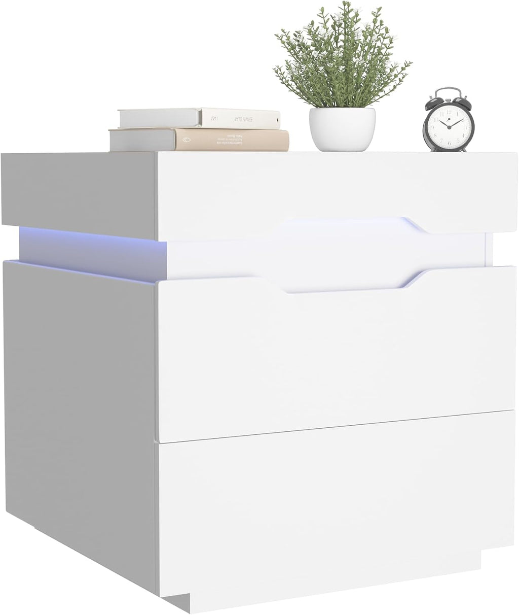 YESHOMY Nightstand with LED Light and Charging Station, Endtable with 2 Drawers, Bedside Table with Large Capacity, for Bedroom, Set of 2, 21.2' Height, White