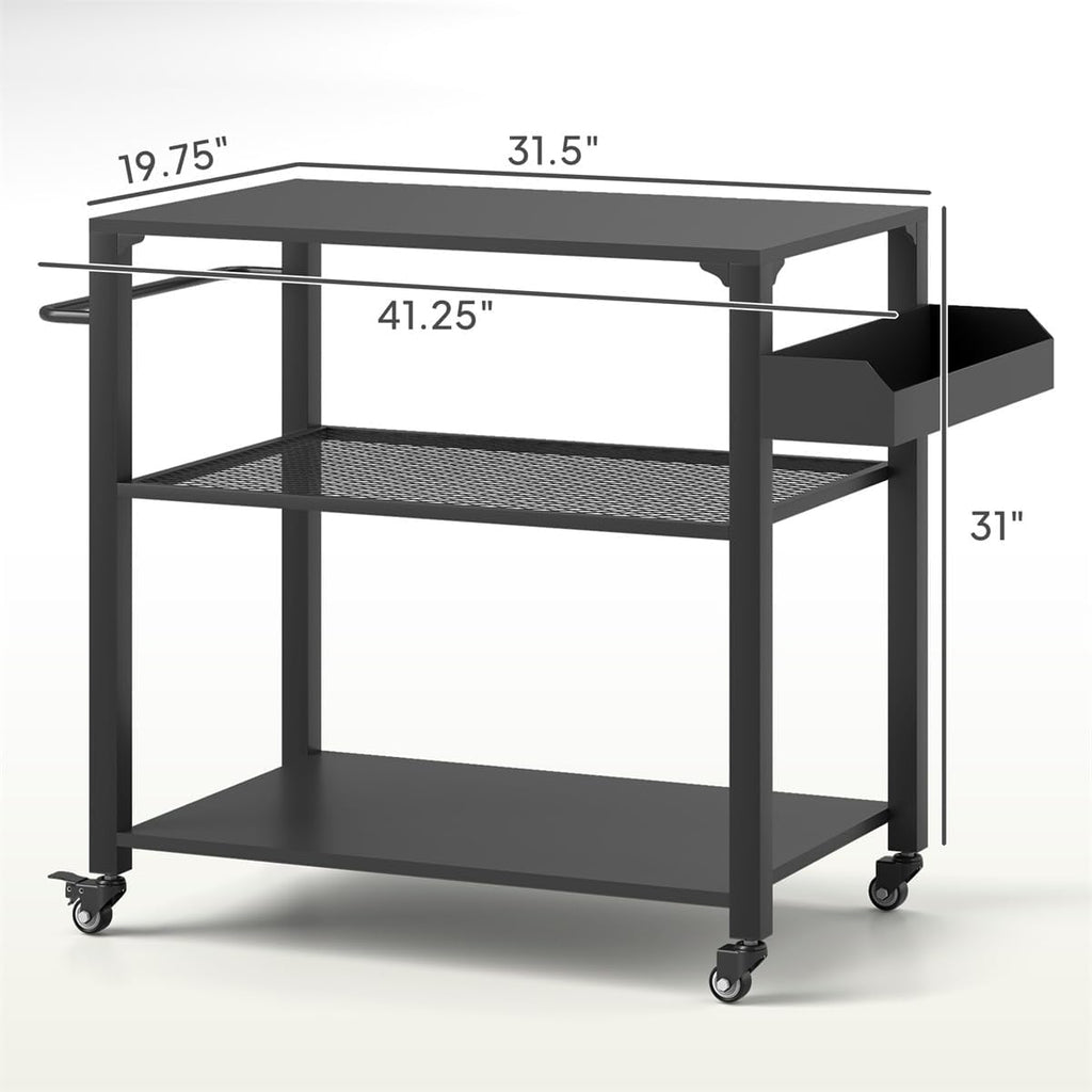 Portable Camping Cart Outdoor Grill Cart with Wheels, Griddle Tray Side Storage Rack Steel Tabletop Pizza Oven Table BBQ Prep, Serving Cart, Black 41.3' W x 19.7' D x 31.1' H