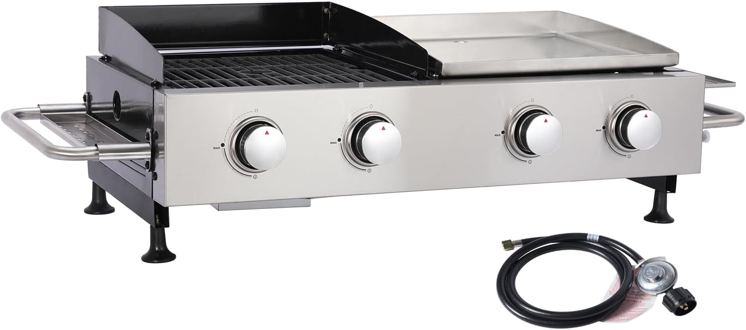 4 Burner Portable Gas Grill Griddle Combo, Flat Top Propane Grill with Leg, Tabletop BBQ Grill 40,000 BTUs Output for Backyard Camping Tailgating or Outdoor Cooking