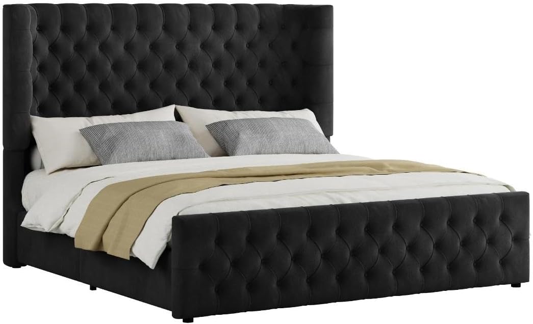 Jocisland King Size Platform Bed Frame, 6.3' Thick Upholstered Curved Wingback Headboard and Footboard with Deep Button Tufted, Easy Assembly, No Box Spring Needed, Black Velvet