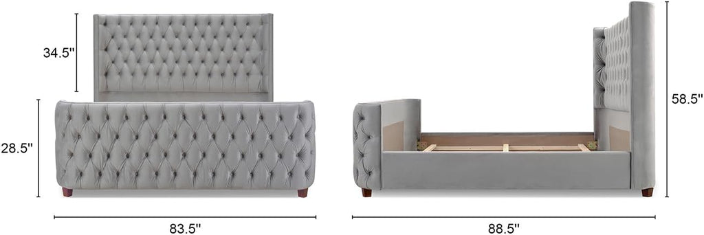 Jennifer Taylor Home Brooklyn King Tufted Panel Bed Headboard and Footboard Set, Opal Grey Velvet