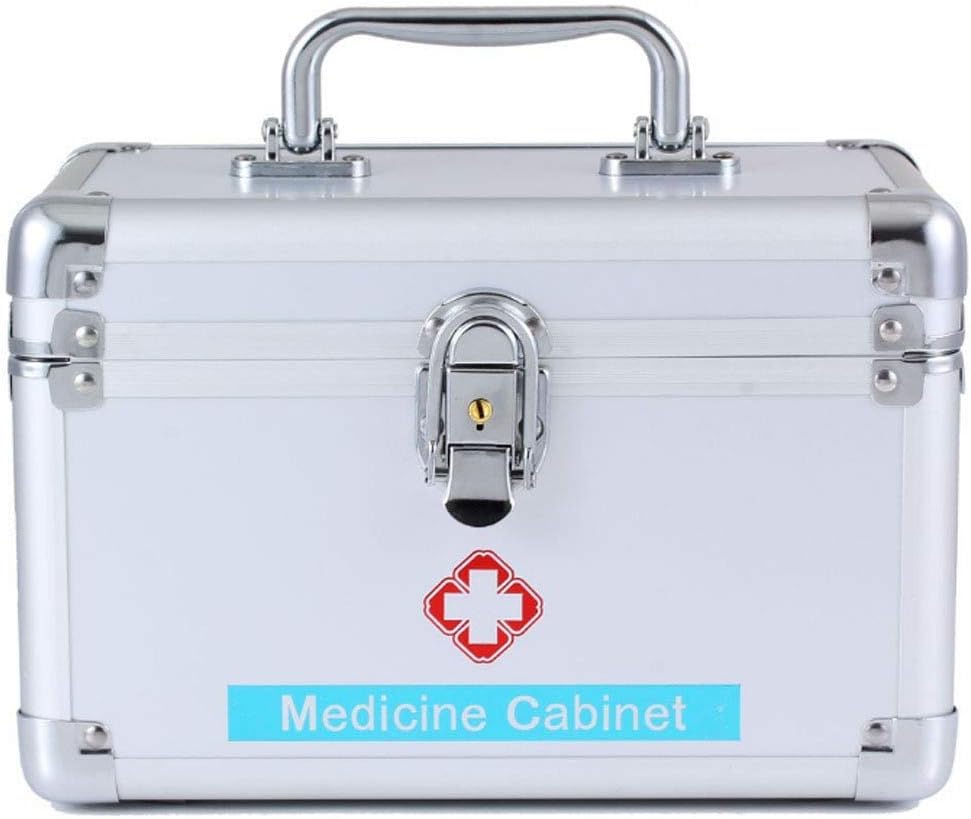 First Aid Kit Lockable Emergency Box Survival Kits Security Lock Medicine Storage Carrying Case with Portable Handle 24.5 × 16 15cm(Silver)