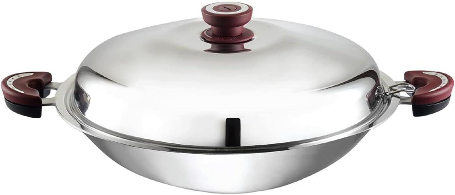 BUFFALO Clad Stainless Steel Wok Pan with Lid Round Bottom 16 inch (40cm) Stir Frying Pan Tri-Ply Nonstick Cookware - Double Handle Cooking Pot for Induction/Electric/Gas Stoves