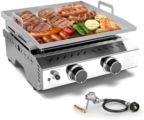 8000BTU Portable Propane Griddle - Stainless Steel Flat Top Gas Grill for Outdoor Cooking, Tailgating, Camping, RVs, BBQ, Patio - One Burner Tabletop Grill, Silver