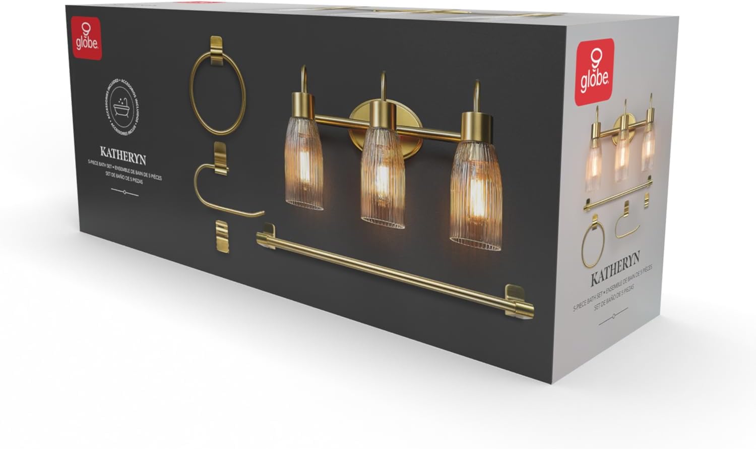 Globe Electric 63000208 5-Piece All-in-One Bathroom Accessory Set with 19' 3-Light Vanity Light, Matte Brass, Ribbed Glass Shades, Towel Bar, Robe Hook, Toilet Paper Holder, Towel Ring, Powder Room