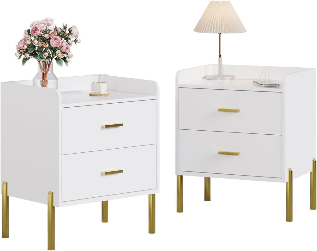 Vabches Nightstand Set of 2 with Built-in Charging Station, White Mid Century Modern Nightstand for Bedroom, Stylish End Tables for Lamps, Books