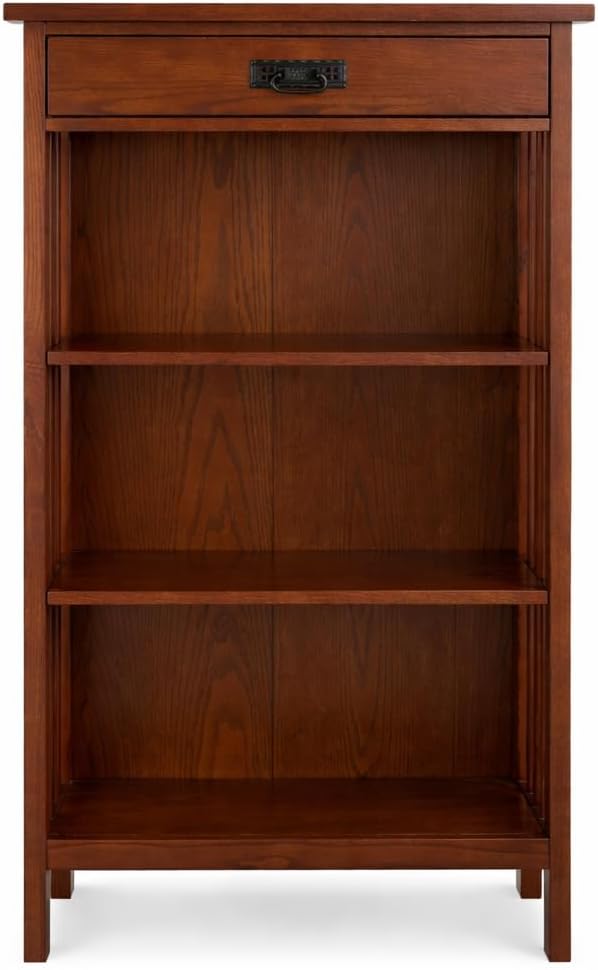 Leick Home 82262 Mission Mantel Height Bookcase with Slatted Sides and Top Drawer, Made with Solid Wood, for Living Rooms, Mission Oak Finish, Brownbronze