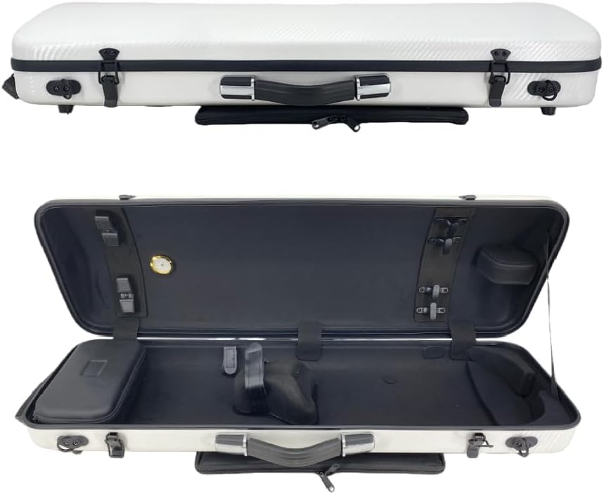 Violin case 4/4 Full size High strength Carbon fiber hard shell Durable handles Internal storage with Backpack straps Music Sheet bag (White)