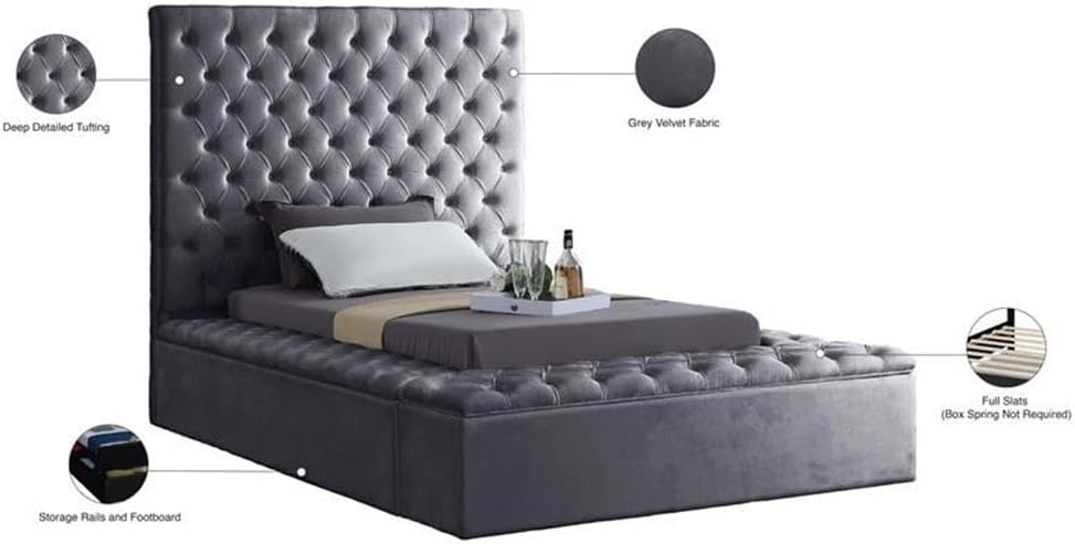 Meridian Furniture Bliss Collection Modern | Contemporary Velvet Upholstered Bed with Deep Button Tufting and Storage Compartments in Rails and Footboard, Gray, Twin