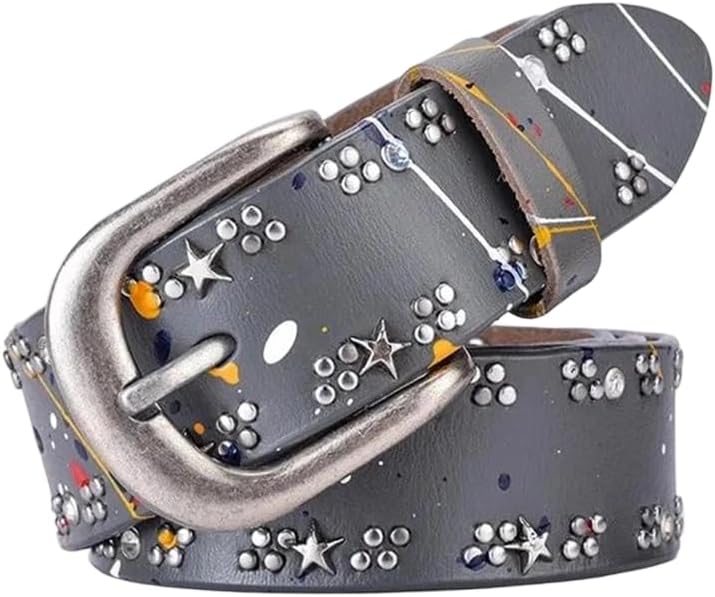 Women Genuine Leather Belt Colorful Rivet Vintage Style For Jeans Streetwear