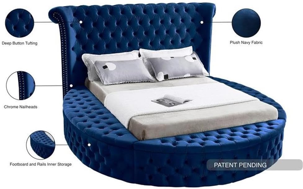 Meridian Furniture Luxus Collection Modern | Contemporary Round Shaped Velvet Upholstered Bed with Deep Button Tufting and Footboard Storage, King, Navy