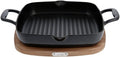 All-Clad Cast Iron Enameled Square Grill with Acacia Trivet 11 Inch Induction Oven Broiler Safe 650F Pots and Pans, Cookware Black