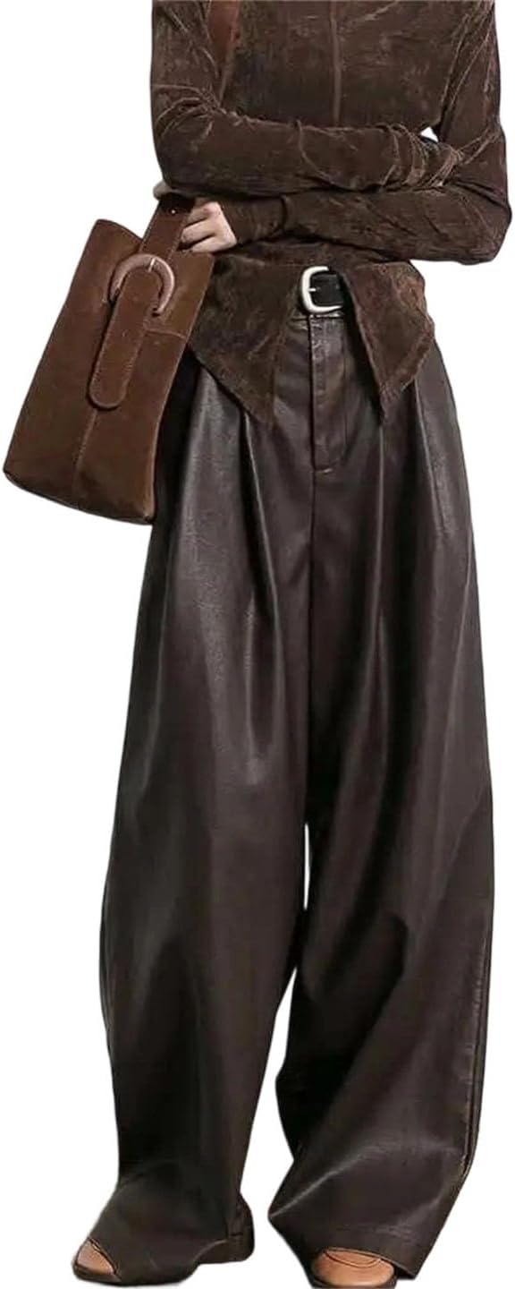Women's American Leather Pants Autumn and Winter Retro Design Pleated Wide Leg Pants