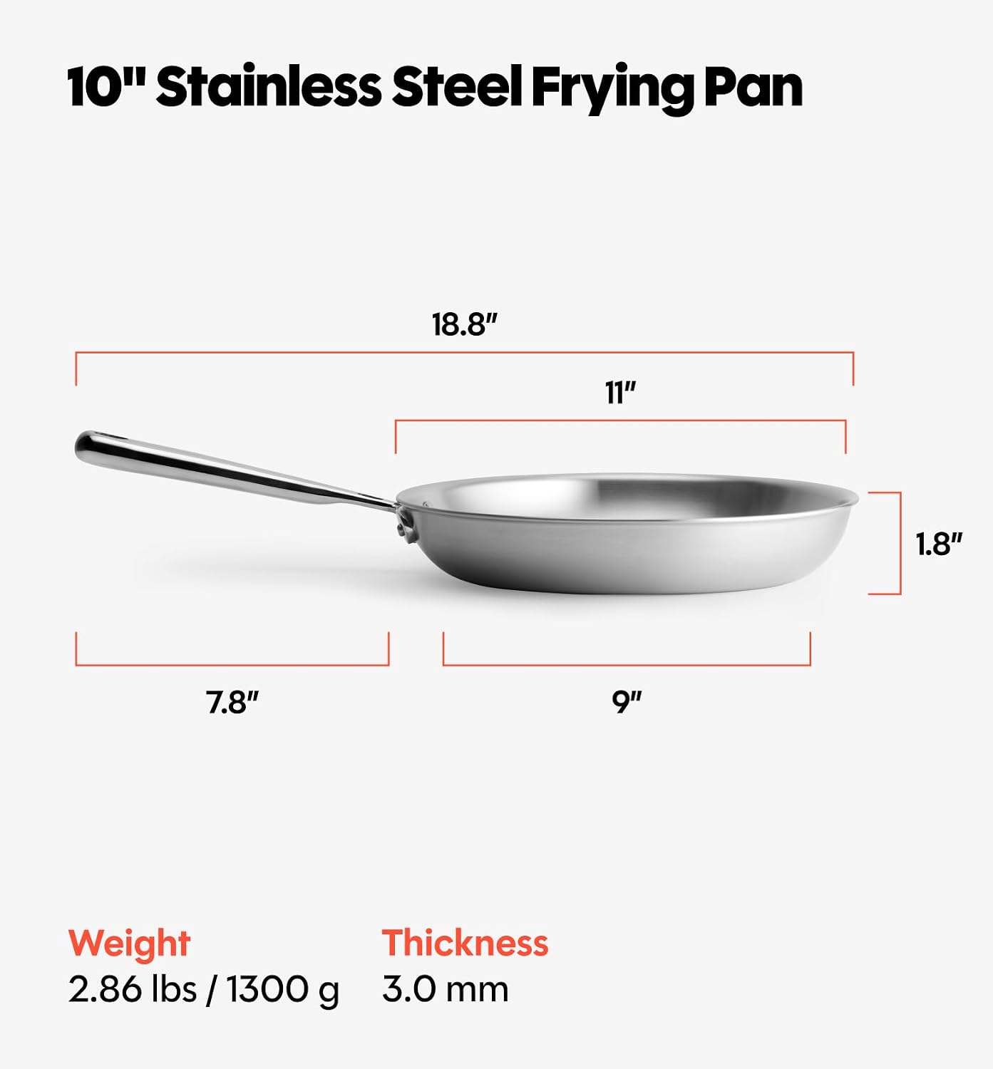 Misen 5-Ply Stainless Steel 10' Frying Pan - Professional Cookware for Induction, Gas and Electric - Dishwasher Safe, Oven Safe to 800°F - Durable, Versatile, Even Heating