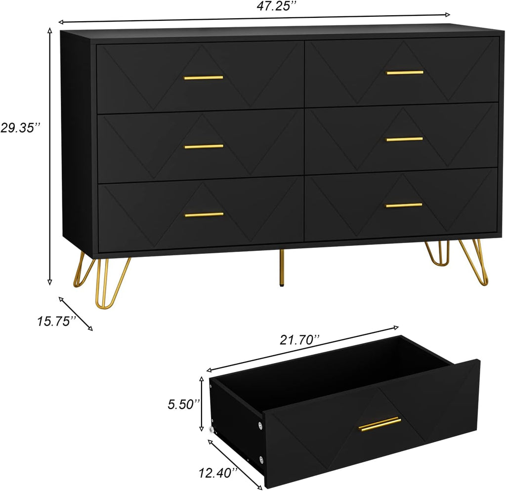 CARPETNAL Black Dresser for Bedroom, 6 Drawer Dresser with Wide Drawers and Gold Handles, Modern Wood Dressers & Chest of Drawers TV Stand for Living Room, Hallway, Entryway.