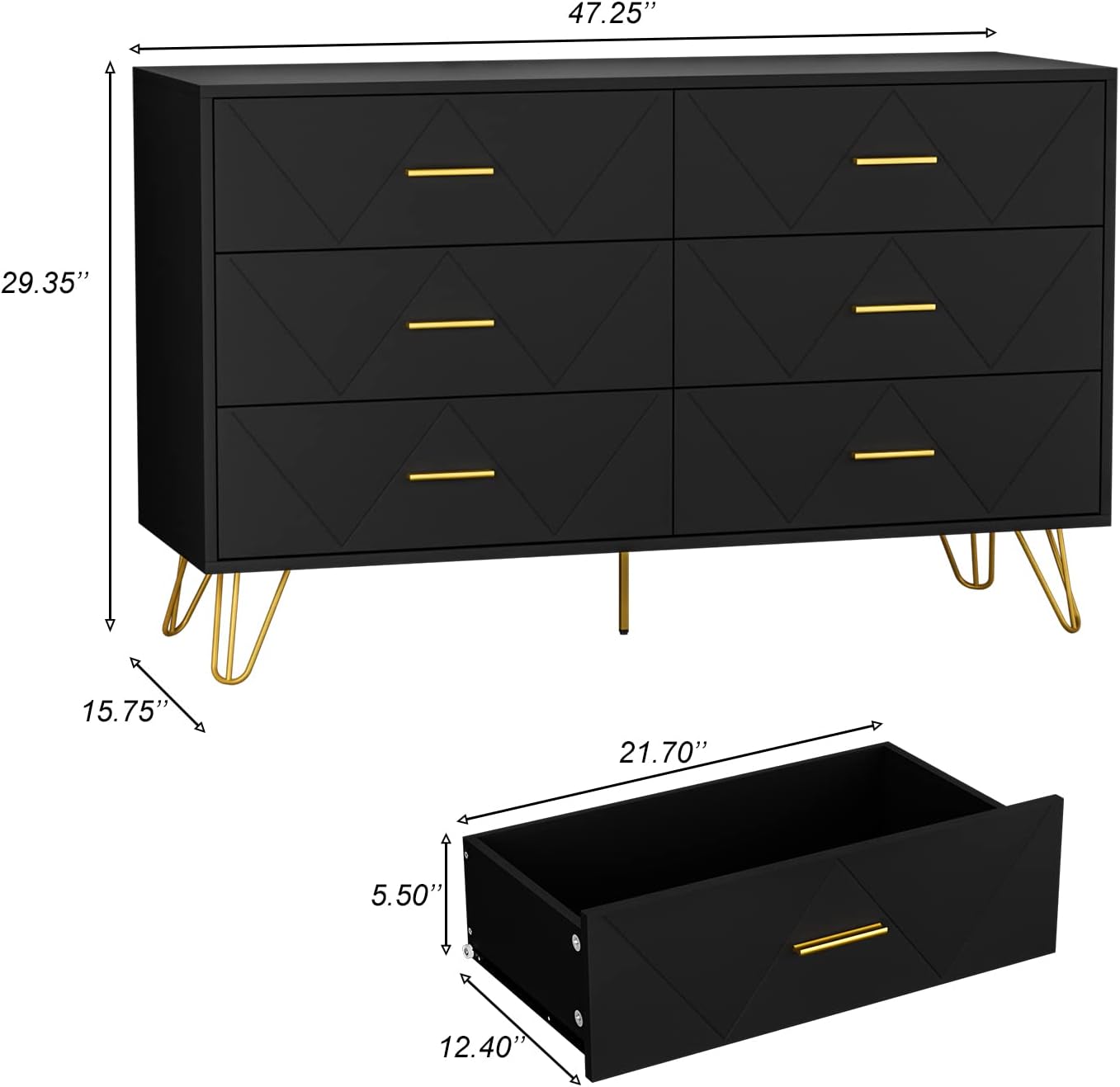 CARPETNAL Black Dresser for Bedroom, 6 Drawer Dresser with Wide Drawers and Gold Handles, Modern Wood Dressers & Chest of Drawers TV Stand for Living Room, Hallway, Entryway.