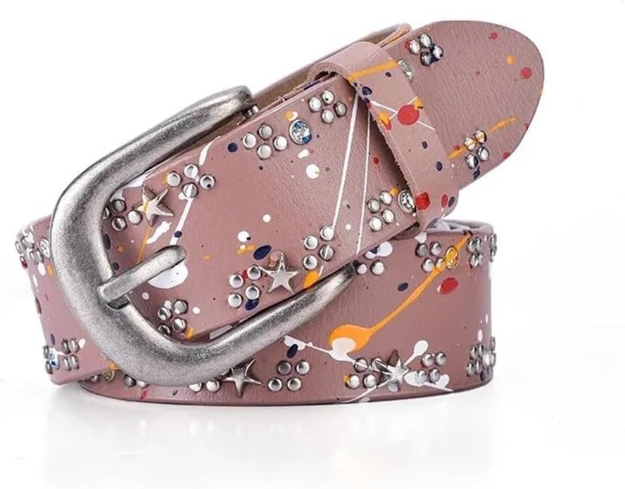 Women Genuine Leather Belt Colorful Rivet Vintage Style For Jeans Streetwear