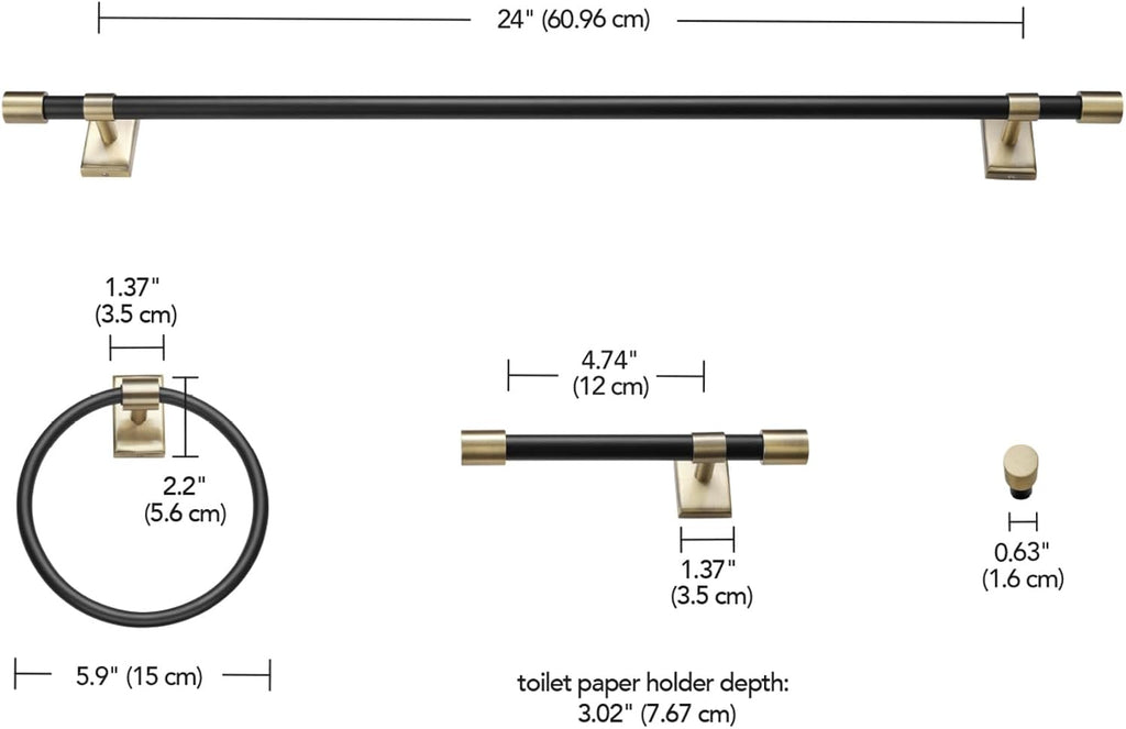 GLOBE Electric 63000062 5-Piece All-in-One Bathroom Set, Matte Black & Brass, 3-Light Vanity Light, Seeded Glass, Towel Bar, Toilet Paper Holder, Towel Ring, Robe Hook, Bathroom Lights Over Mirror