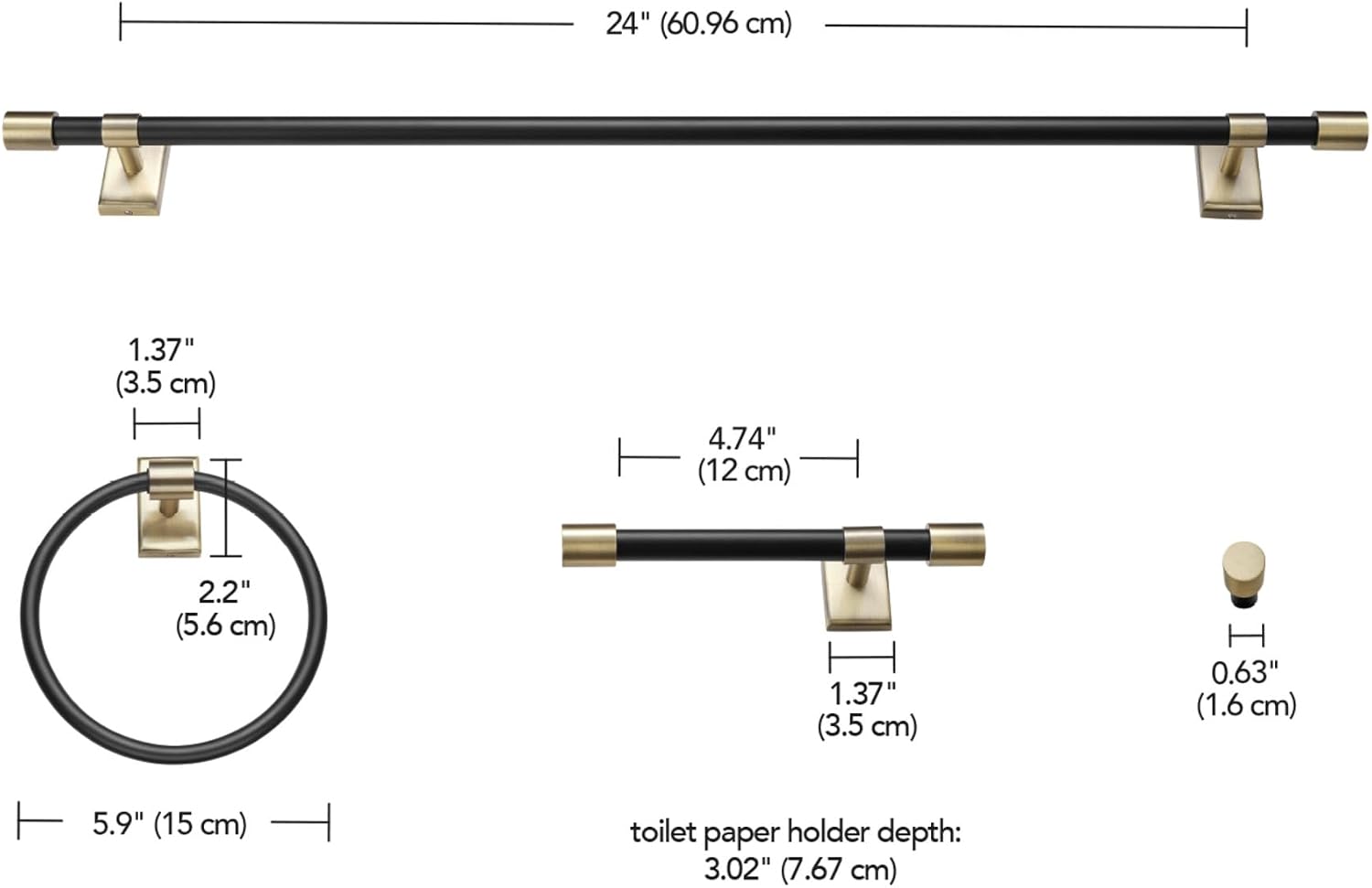 GLOBE Electric 63000062 5-Piece All-in-One Bathroom Set, Matte Black & Brass, 3-Light Vanity Light, Seeded Glass, Towel Bar, Toilet Paper Holder, Towel Ring, Robe Hook, Bathroom Lights Over Mirror