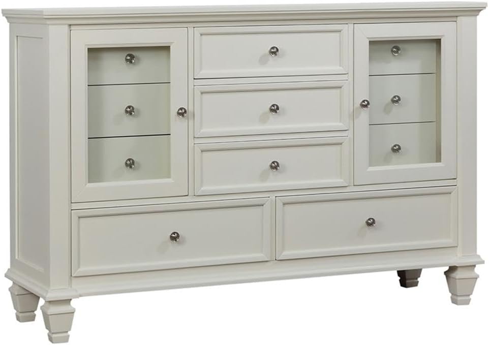 Pemberly Row 4-Piece Coastal Bedroom Set, Eastern King Bed, Cream White Finish, Solid Hardwood & Engineered Wood Construction, Dresser, Mirror, Nightstand, Classic Carved Detailing, Ample Storage