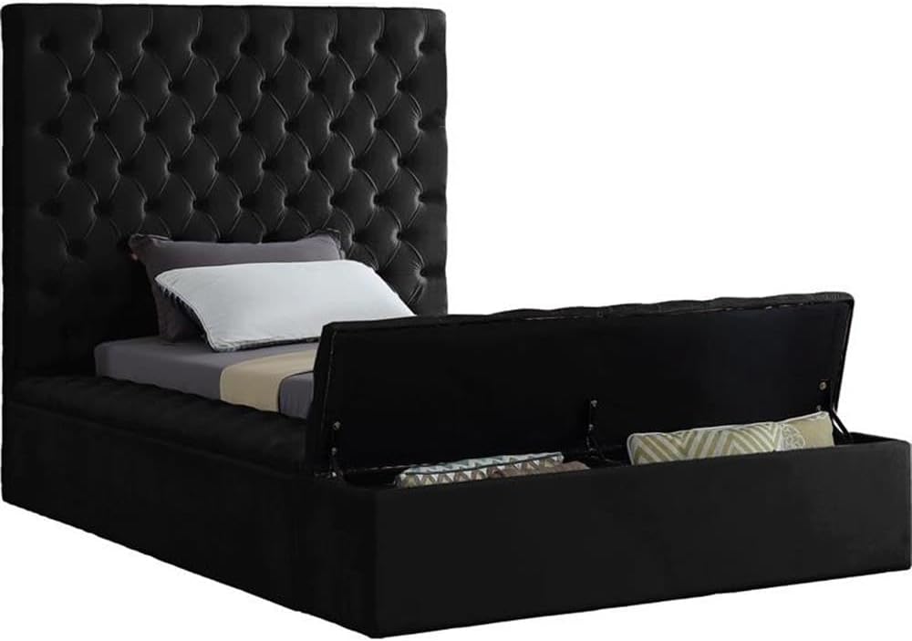 Meridian Furniture Bliss Collection Modern | Contemporary Velvet Upholstered Bed with Deep Button Tufting and Storage Compartments in Rails and Footboard, Black, Twin