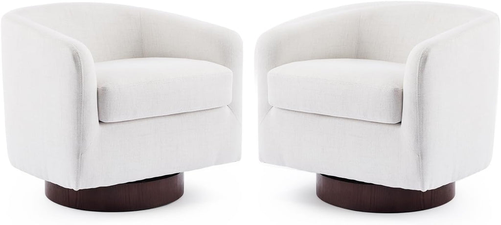 VINGLI 360°Swivel Accent Chairs Set of 2 with Engineered Wood Base and Removable Cushion for Living Room, Bedroom, Curved Back Barrel Chairs for Small Space, Upholstered Bucket Armchairs, Linen Beige