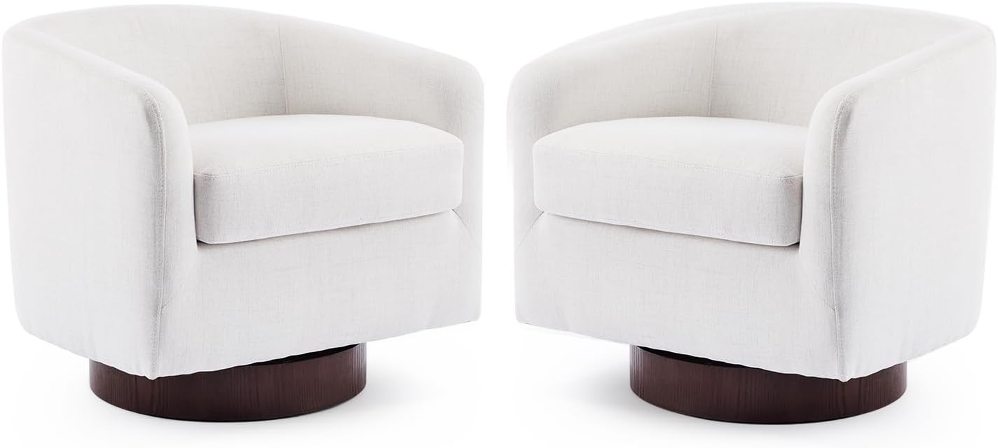 VINGLI 360°Swivel Accent Chairs Set of 2 with Engineered Wood Base and Removable Cushion for Living Room, Bedroom, Curved Back Barrel Chairs for Small Space, Upholstered Bucket Armchairs, Linen Beige