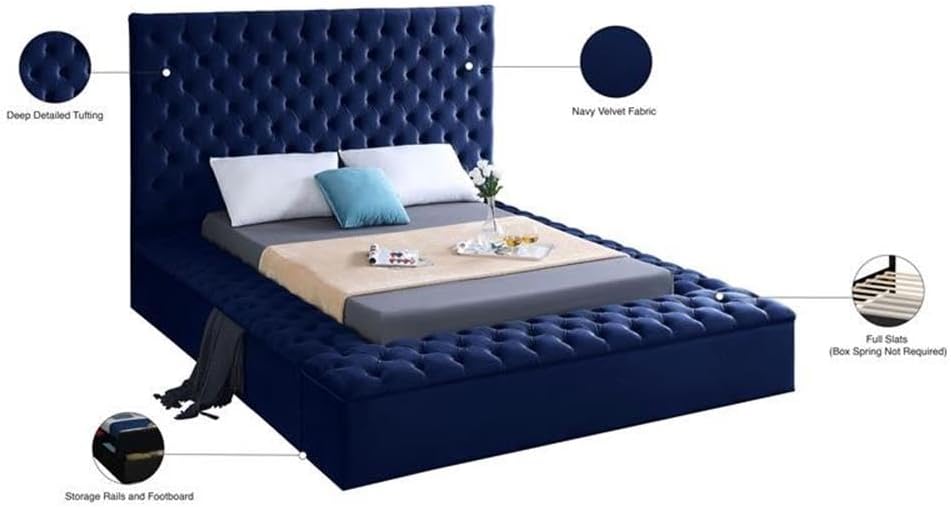 Meridian Furniture Bliss Collection Modern | Contemporary Velvet Upholstered Bed with Deep Button Tufting and Storage Compartments in Rails and Footboard, Queen, Navy