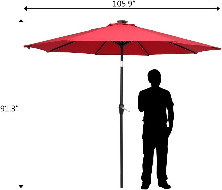 Patio Umbrella 9FT Round Outdoor Market Table Umbrella Waterproof Folding Sunshade Umbrella with Solar LED Light for Outdoor Beach Deck Garden Party Decoration (Without Unbrella Base, Wine Red)