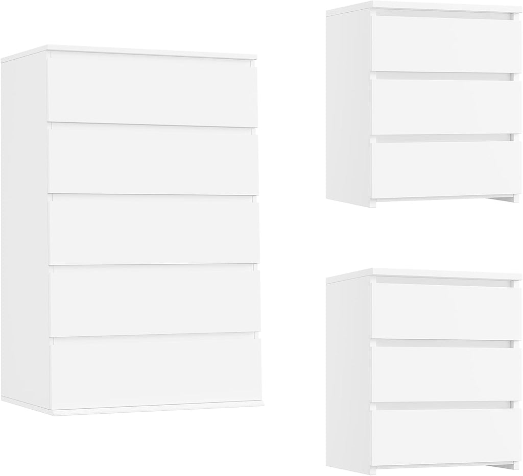 FOTOSOK Bedroom Set, 5 Drawer Dresser and Nightstand Sets for Bedroom, 3 Piece Bedroom Set, Night Stand Set of 2 & White Dresser Set, Chest of Drawers Storage Cabinet Set, White