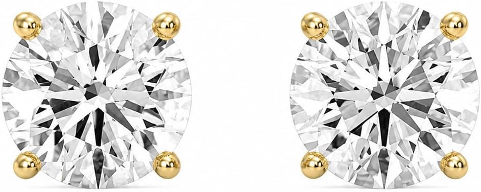 Gilded Lab-Grown Diamond Stud Earrings | 925 Sterling Silver Studs and 14KT Gold 925 Plated Silver | Hypoallergenic Fine Jewelry | 4-Prong Basket, Push Back Nut | Round Cut, SI1 Clarity, F Color | 1/10,1/5,1/4,1/3,3/8,1/2,3/4,7/8,1,1 1/2 ct tw