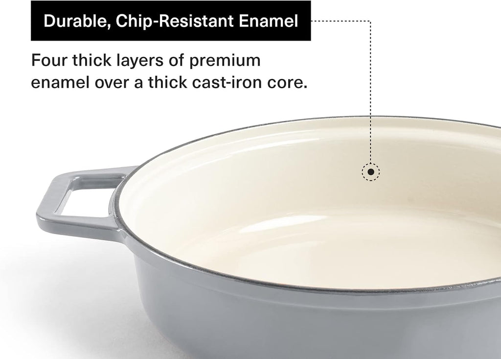 Misen 5.5 QT Braiser – Enameled Cast Iron Pan for Searing, Braising & Slow Cooking – No-Chip Enamel Coating – Extra-Wide Handles – Superior Heat Retention & Even Cooking - Gray
